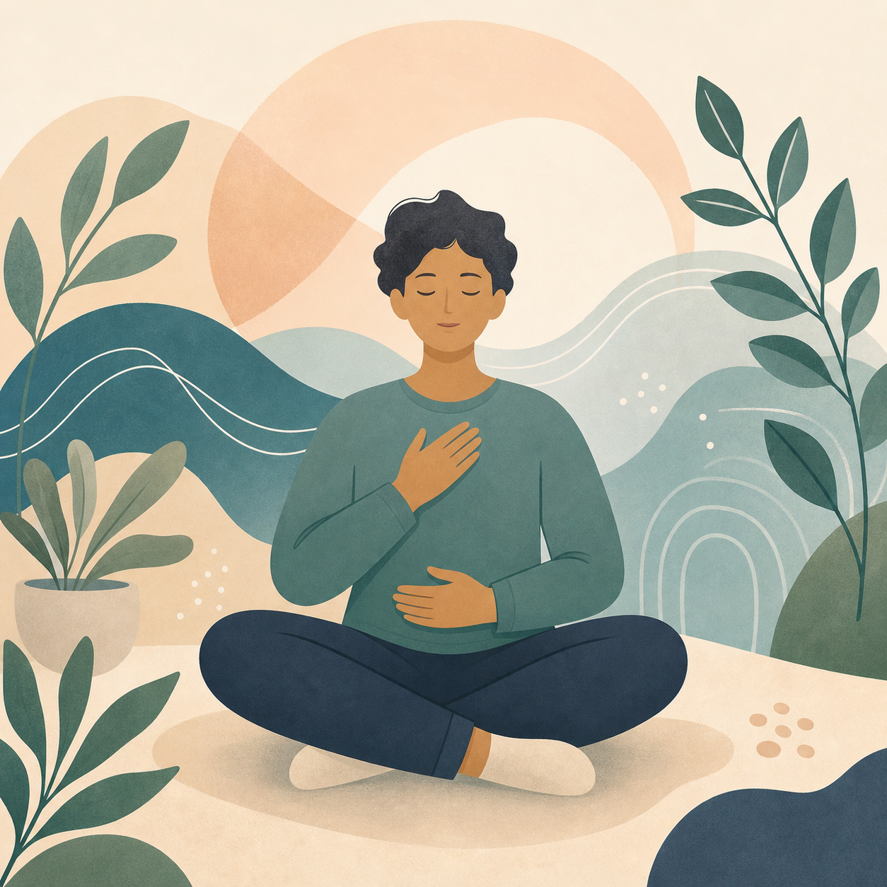 Neutral illustration of breathing and grounding support for anxiety.