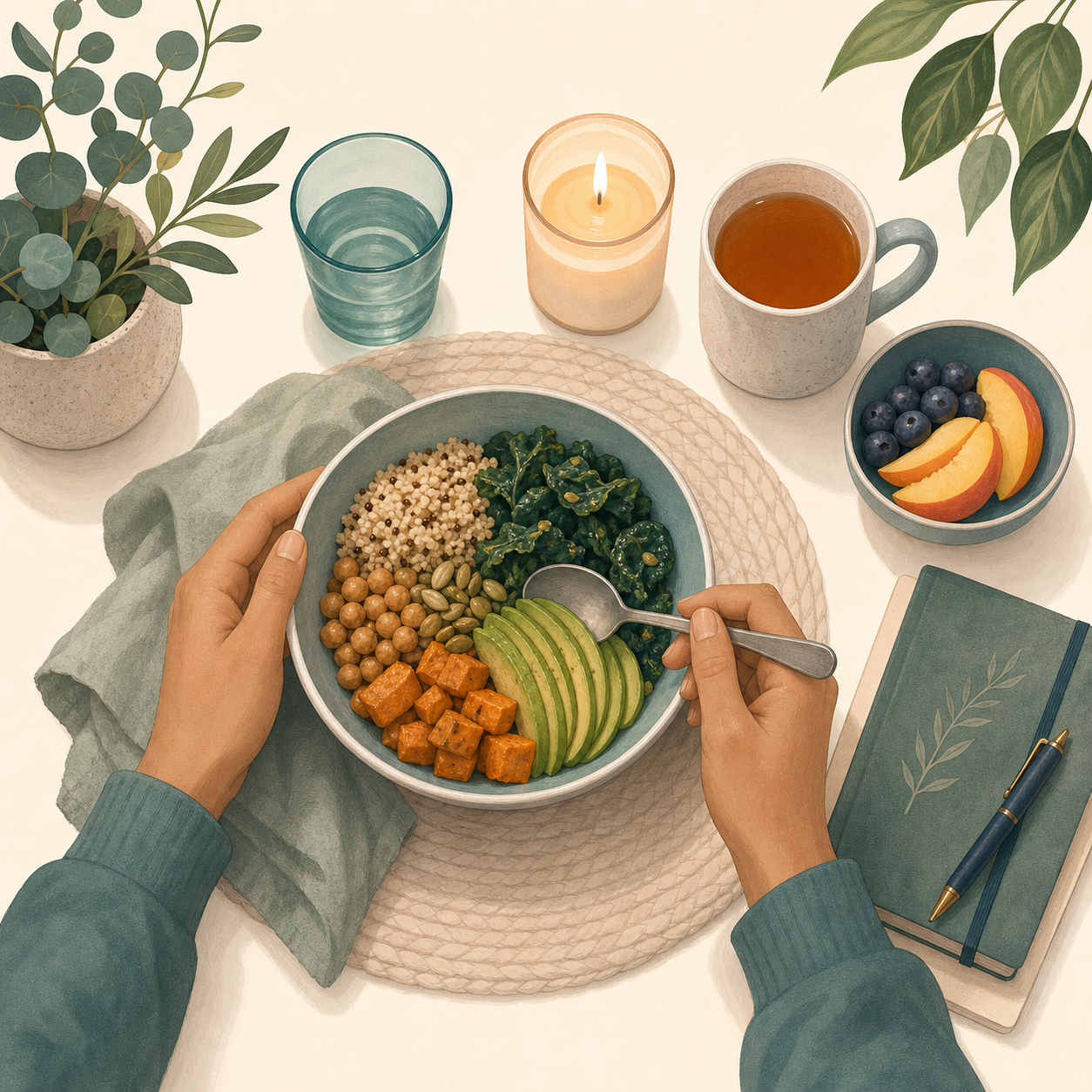 Neutral illustration of nourishment and recovery support for eating disorder care.