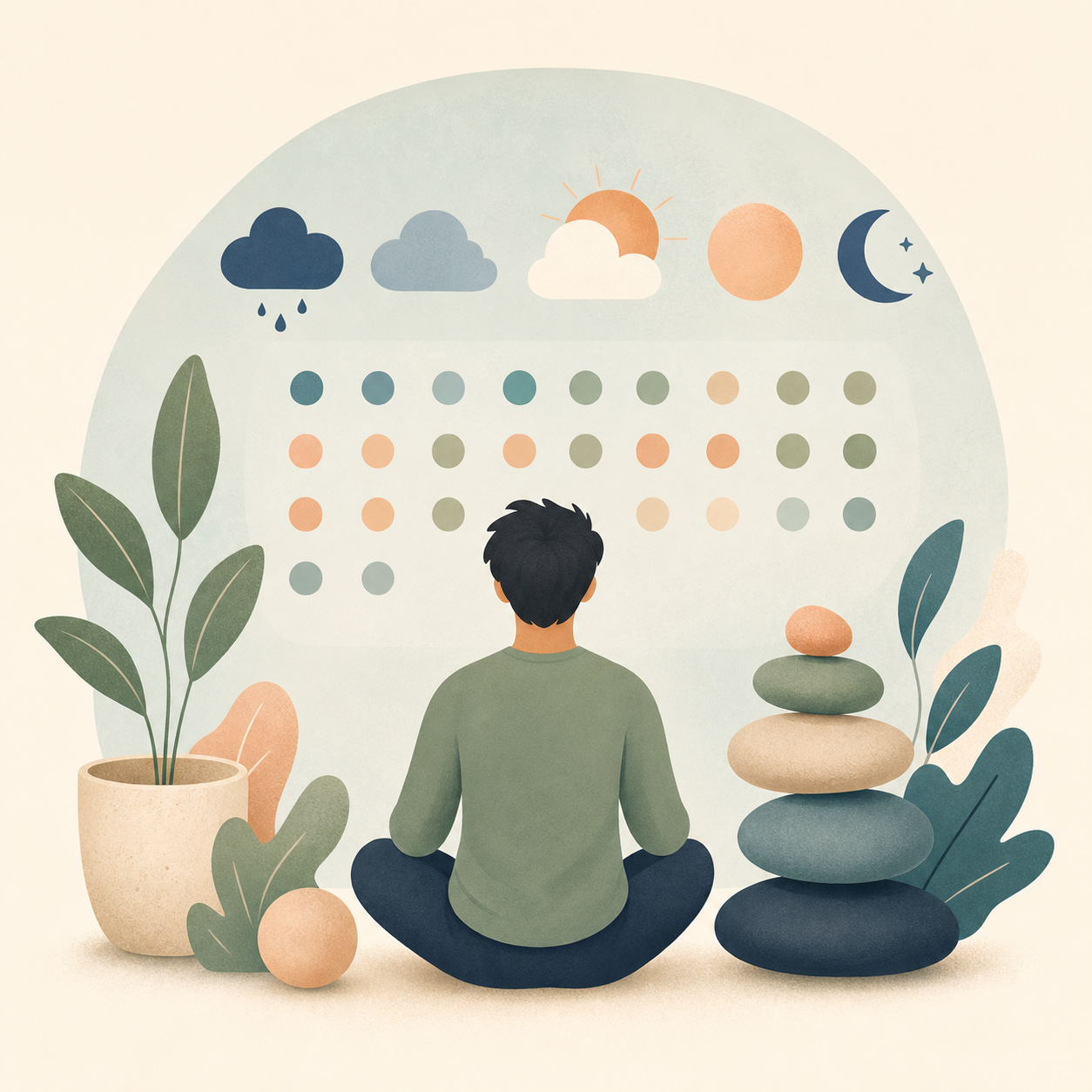 Neutral illustration of mood tracking and emotional balance support.